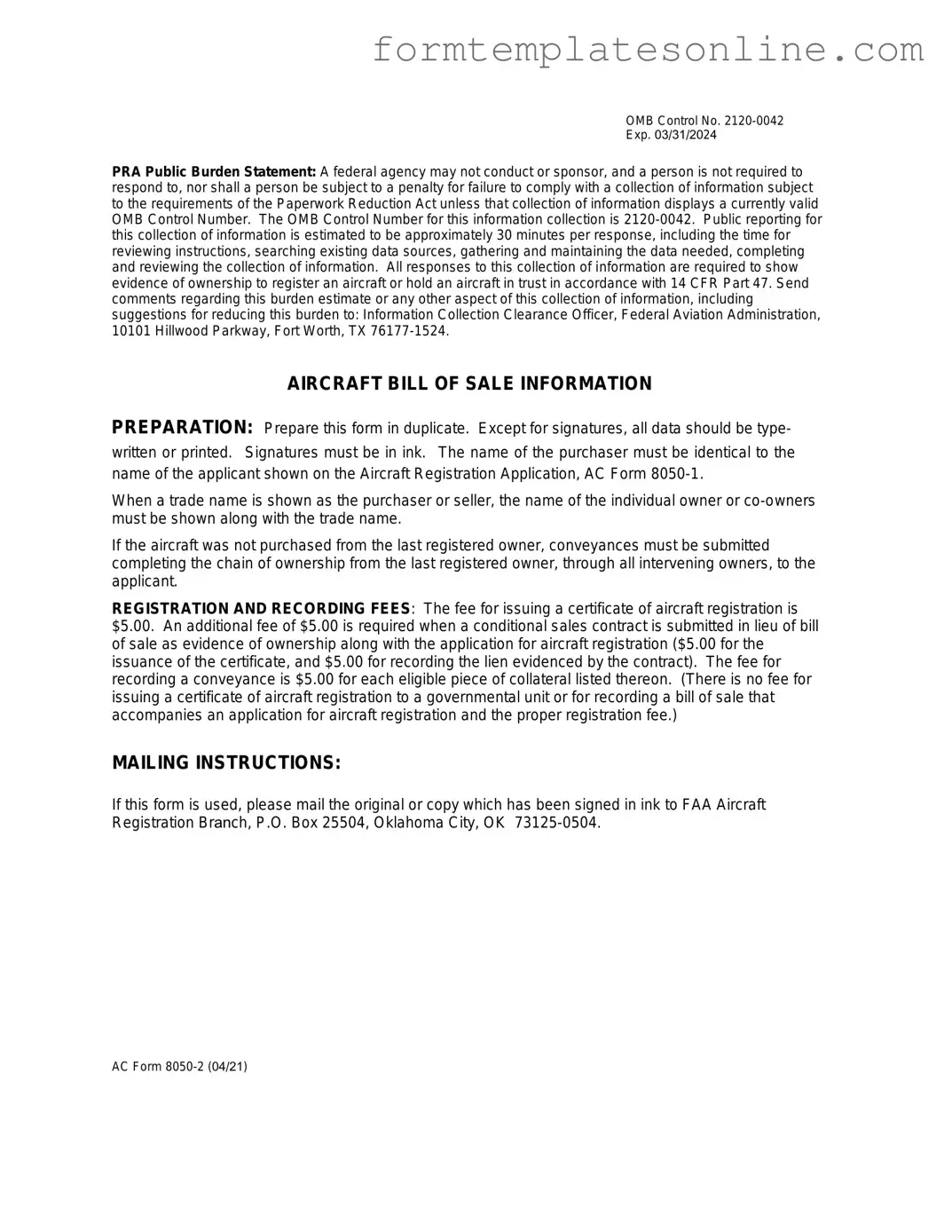 Aircraft Bill of Sale AC 8050-2 PDF Form