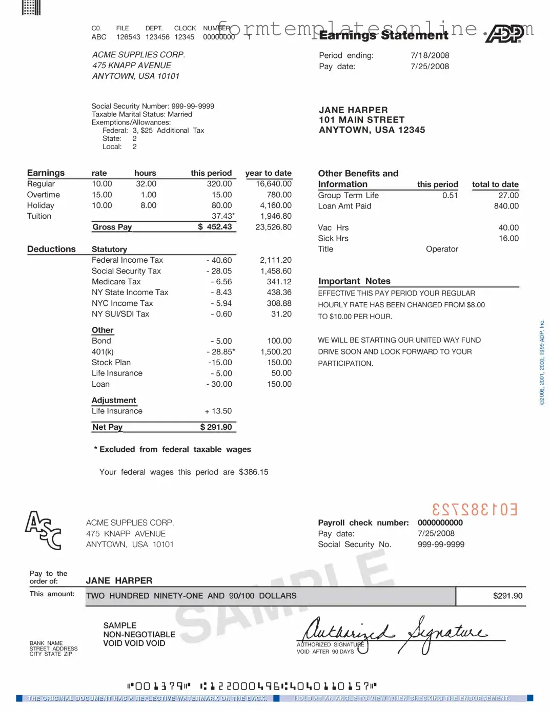 Adp Pay Stub PDF Form