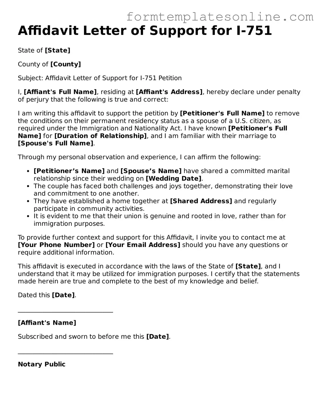 Attorney-Approved Affidavit Letter of Support for I-751 Template