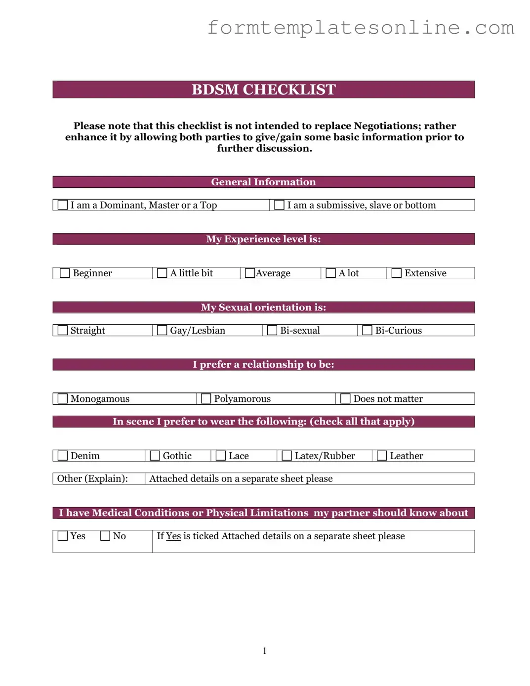 Bdsm Checklist PDF Form