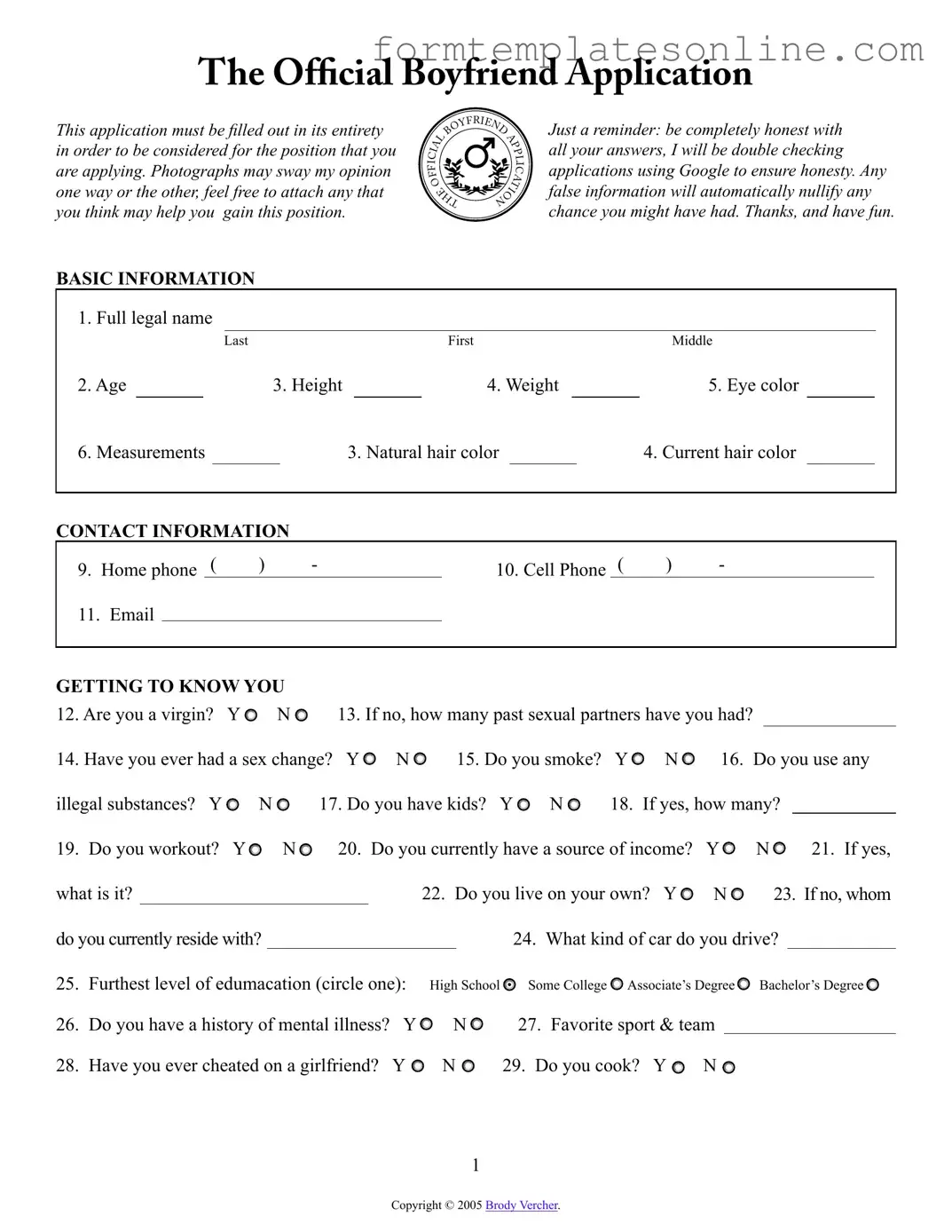 Boyfriend application form PDF Form