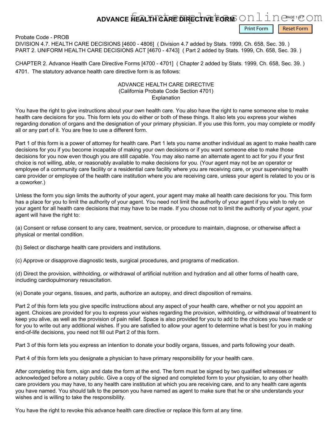 California Advanced Health Care Directive PDF Form