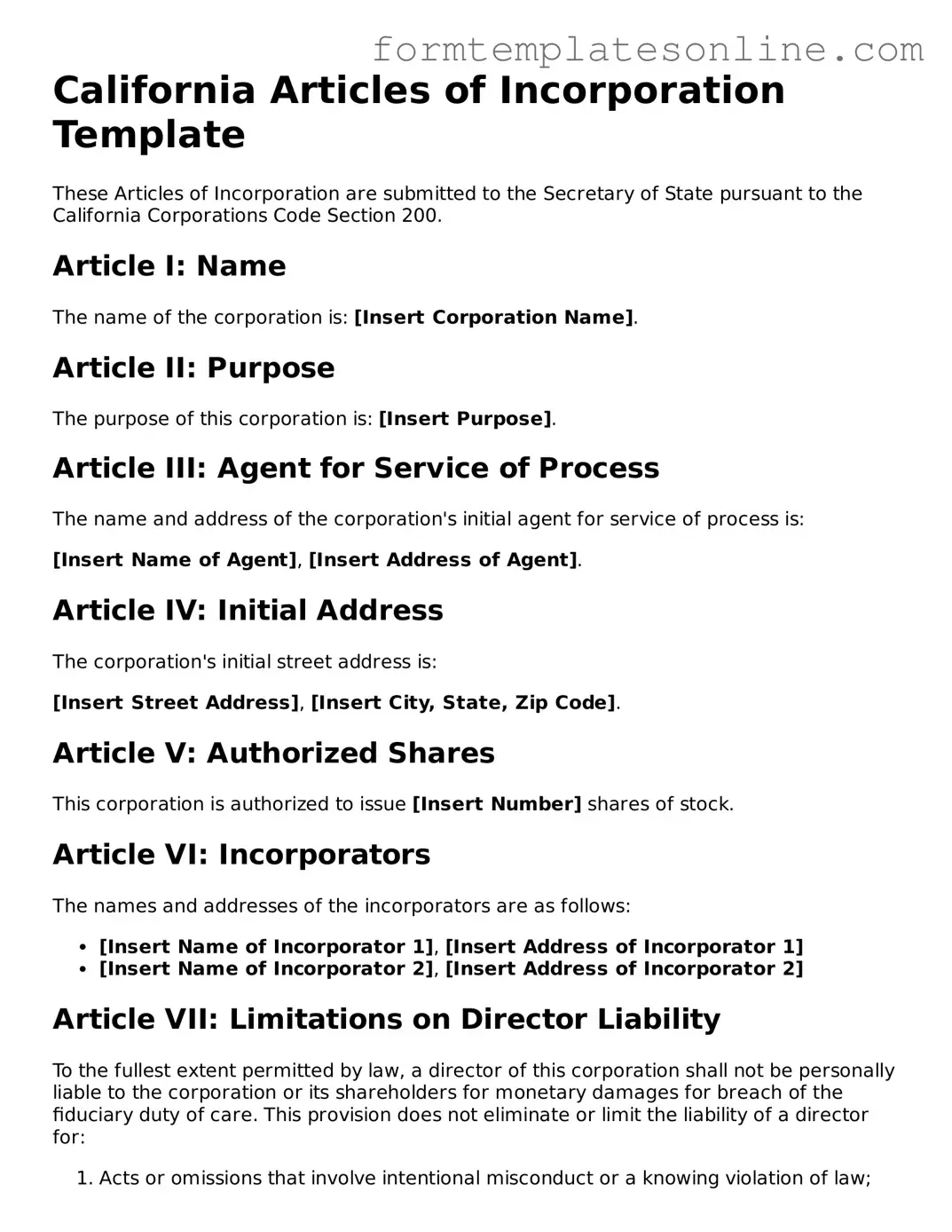 Valid  Articles of Incorporation Form for California