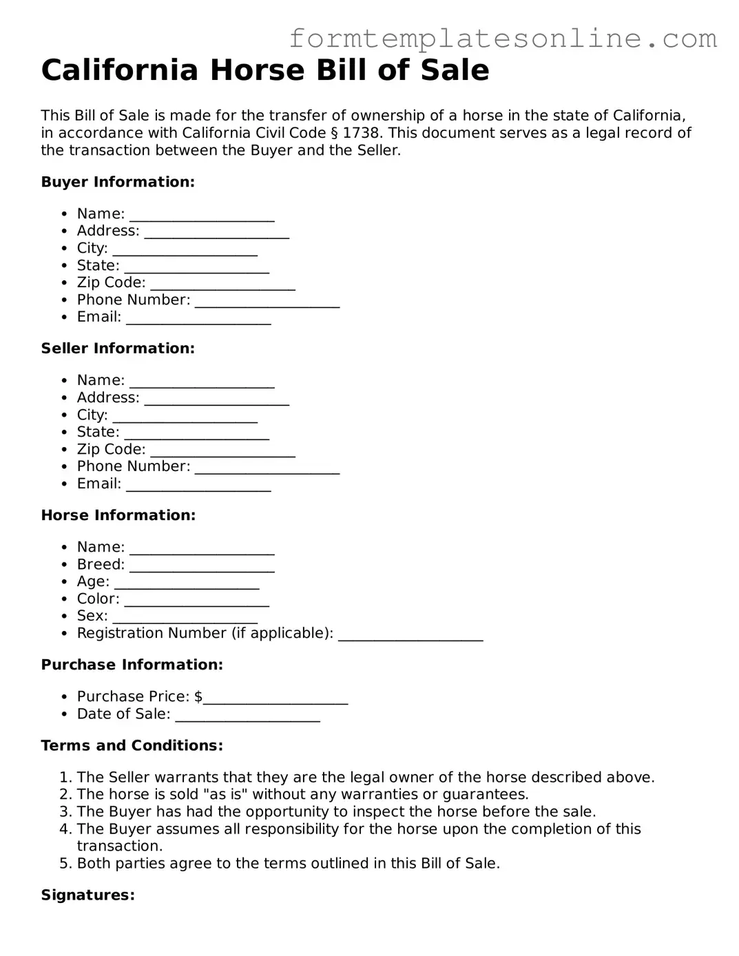 Valid  Horse Bill of Sale Form for California