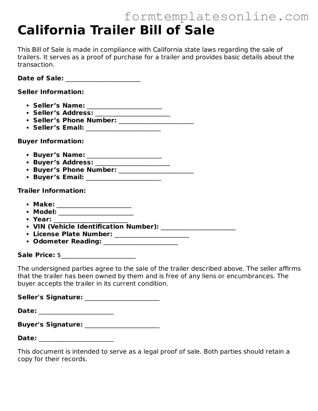 Valid  Trailer Bill of Sale Form for California