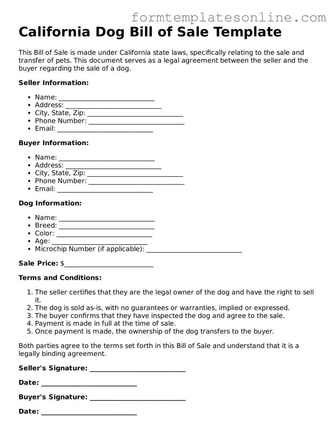 Valid  Dog Bill of Sale Form for California
