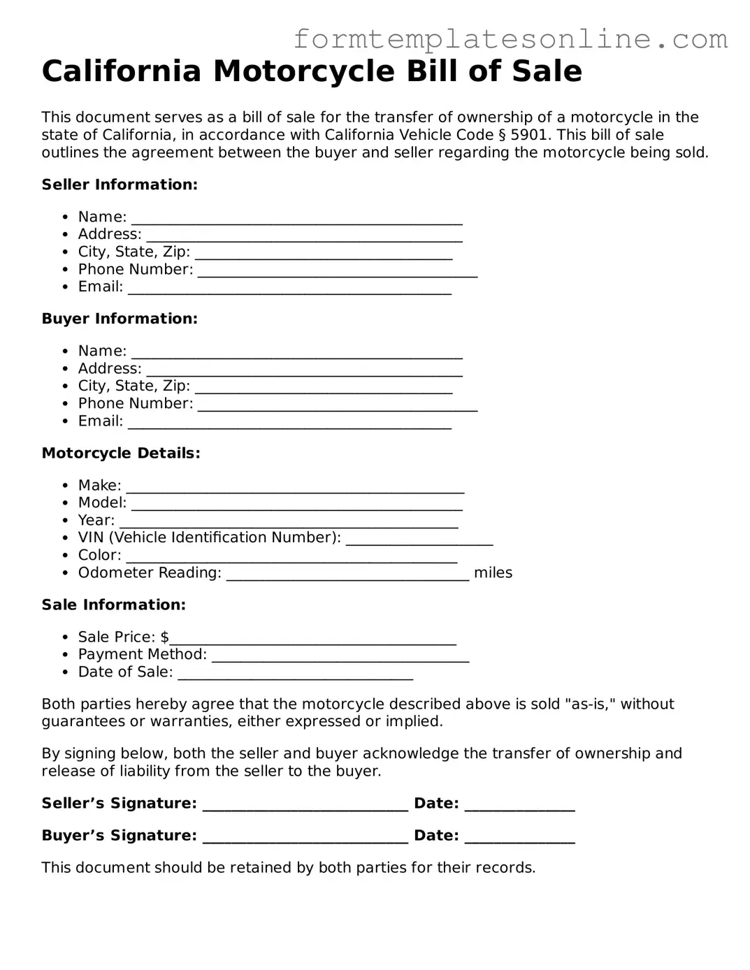 Valid  Motorcycle Bill of Sale Form for California
