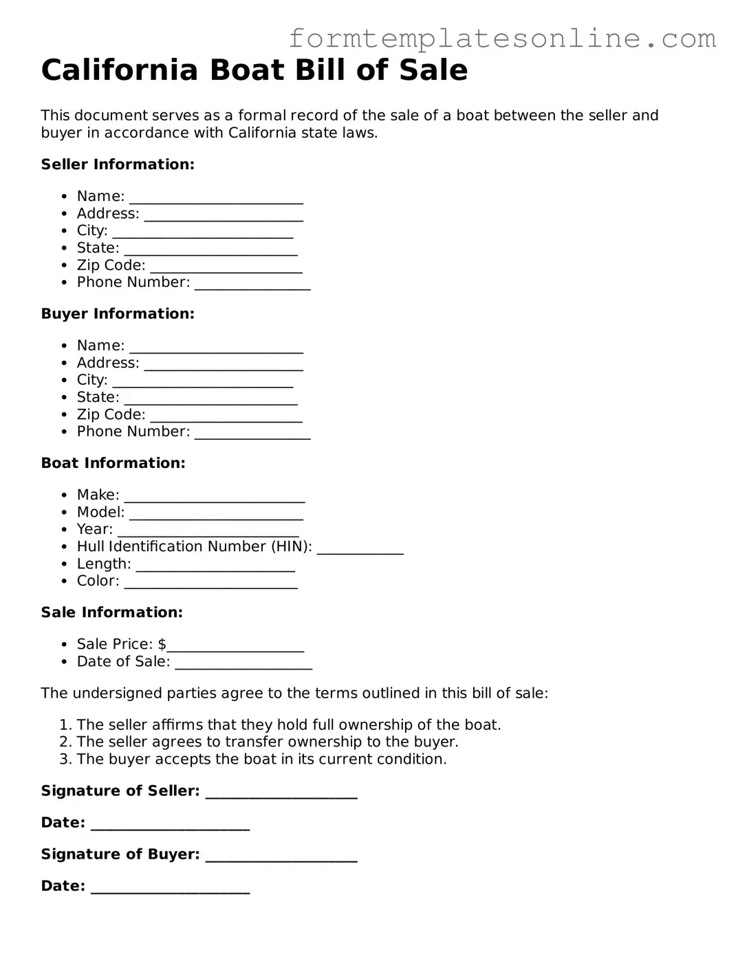 Valid  Boat Bill of Sale Form for California