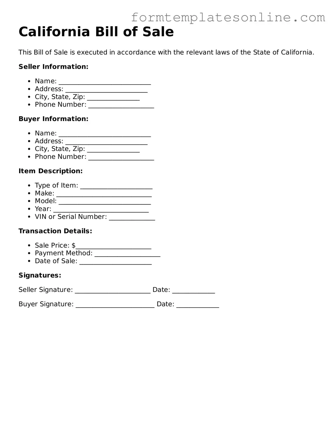 Valid  Bill of Sale Form for California