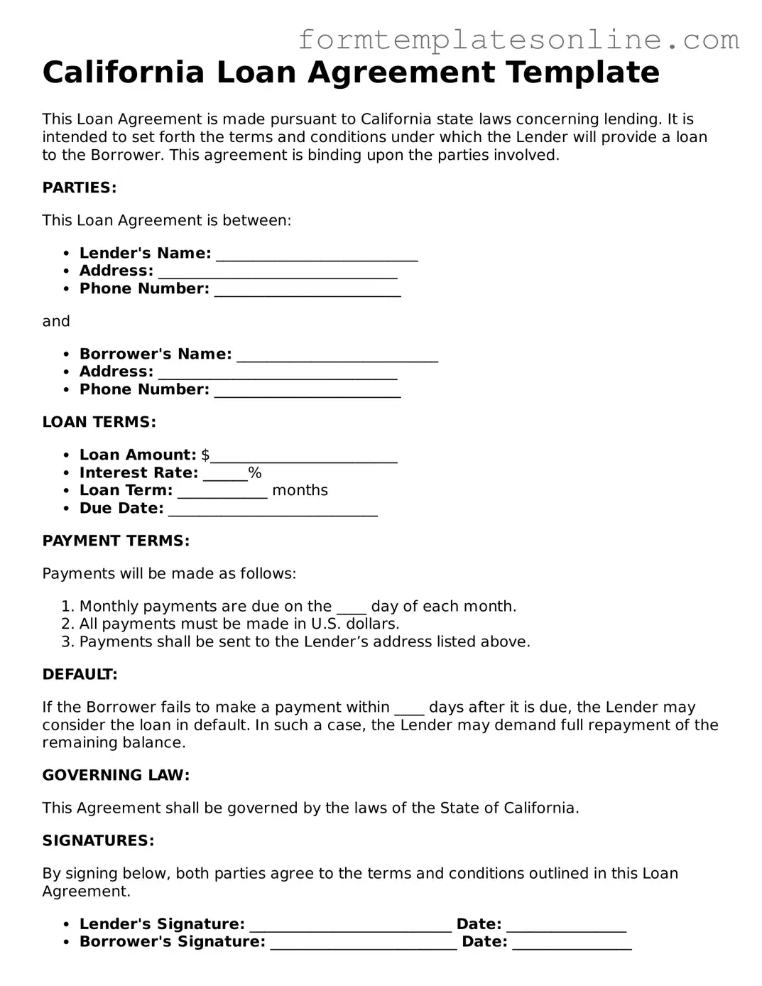 Valid  Loan Agreement Form for California