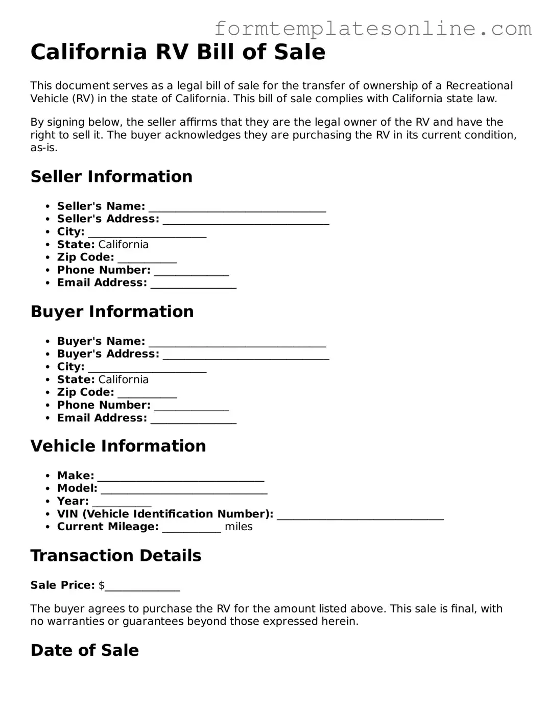 Valid  RV Bill of Sale Form for California