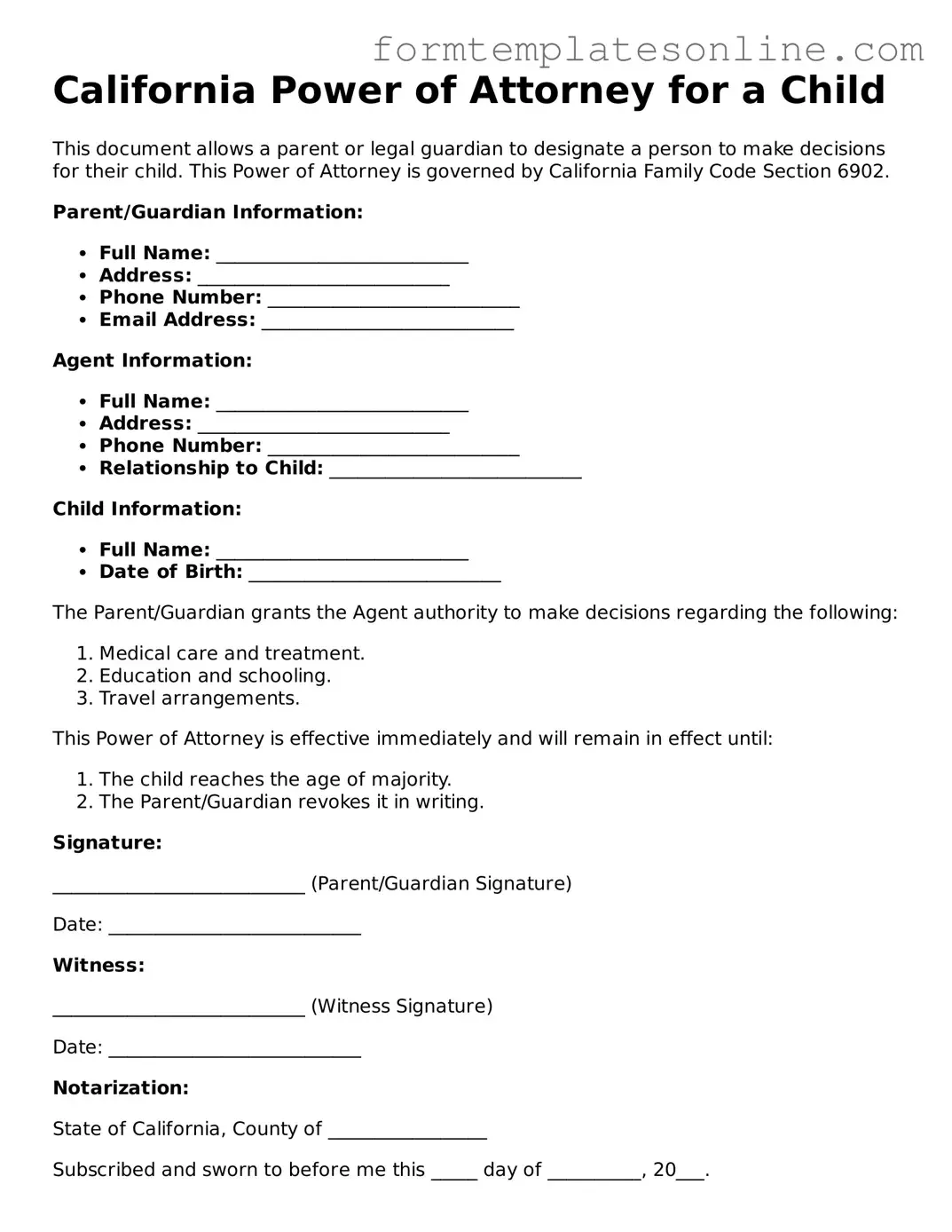Valid  Power of Attorney for a Child Form for California