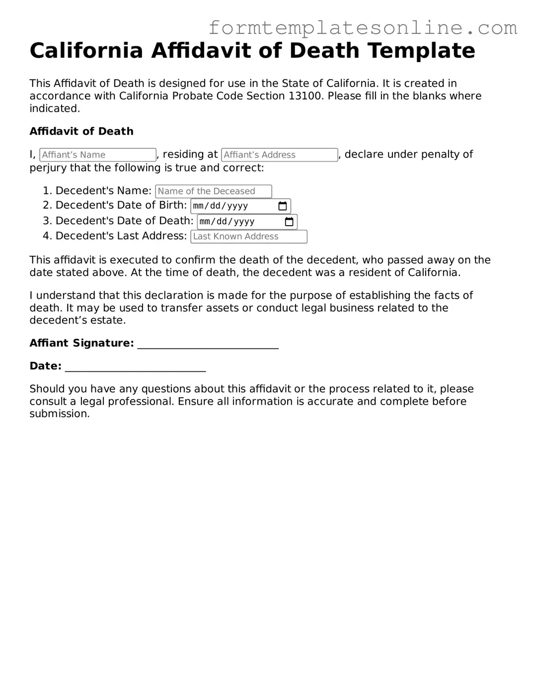 Valid Affidavit of Death Form for California