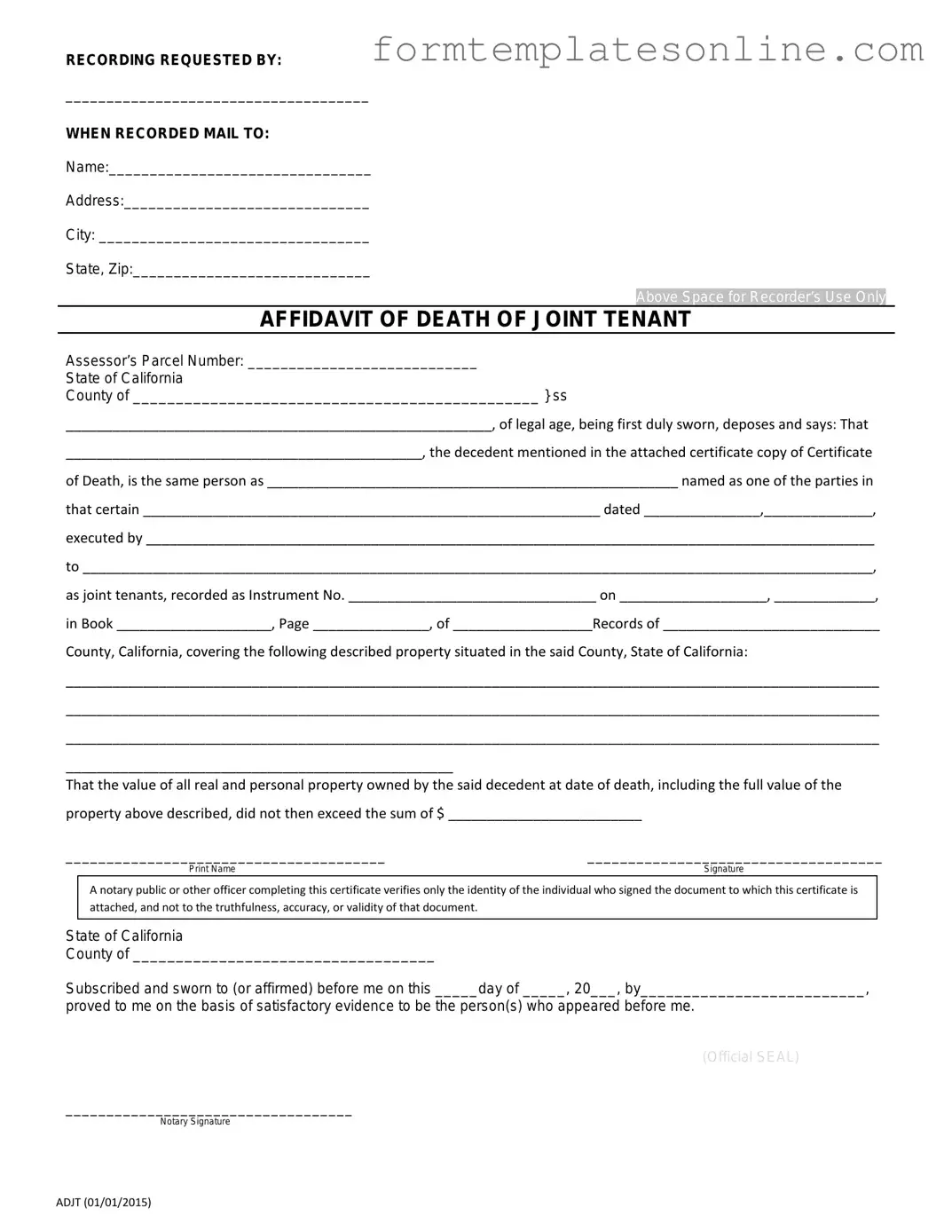 California Death of a Joint Tenant Affidavit PDF Form