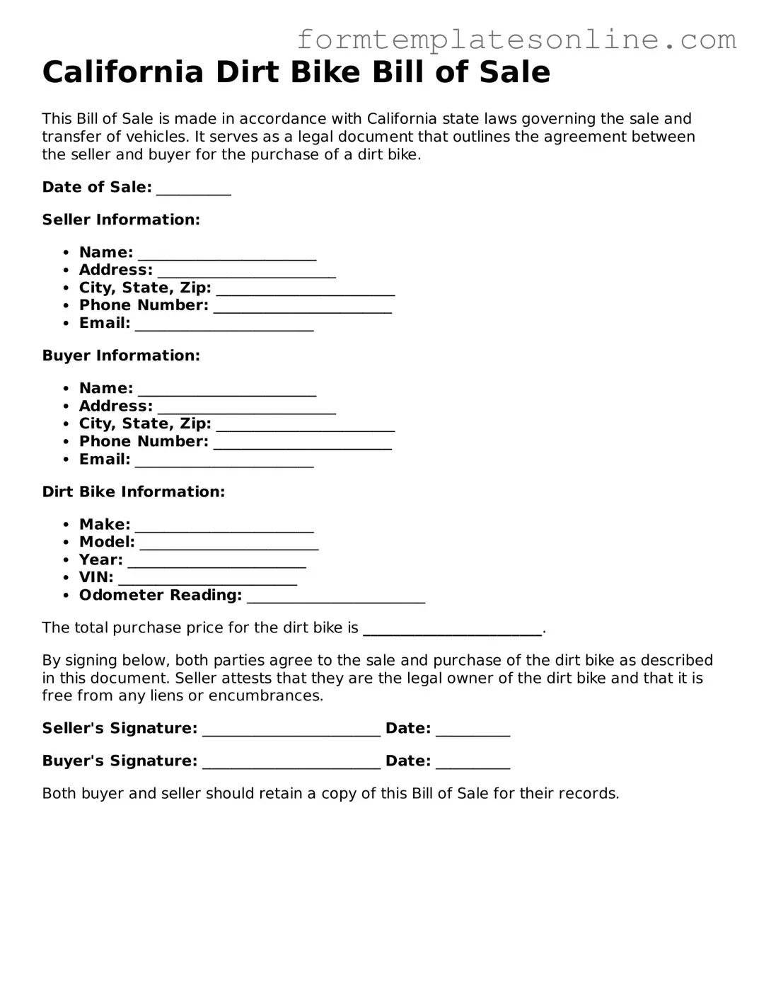 Valid  Dirt Bike Bill of Sale Form for California