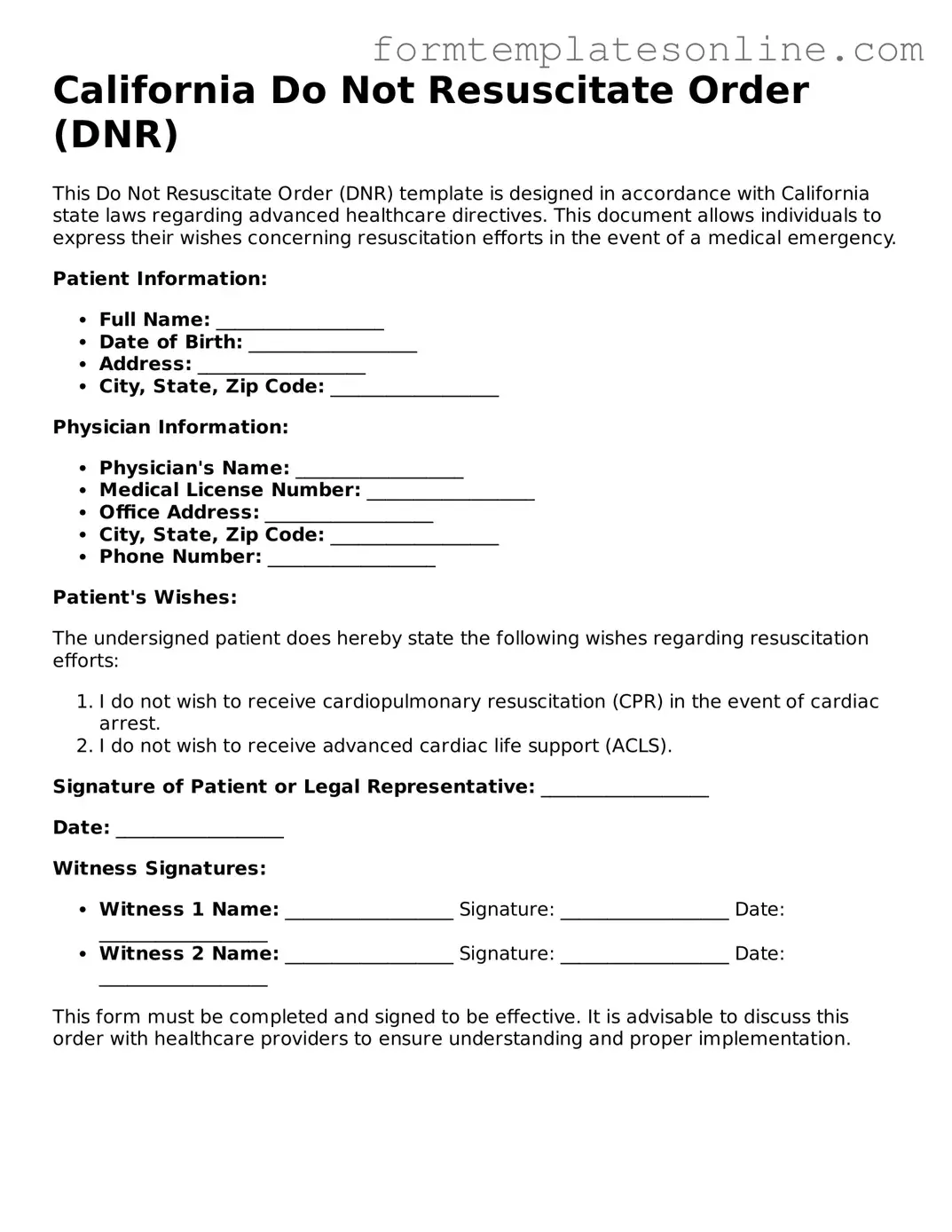 Valid  Do Not Resuscitate Order Form for California
