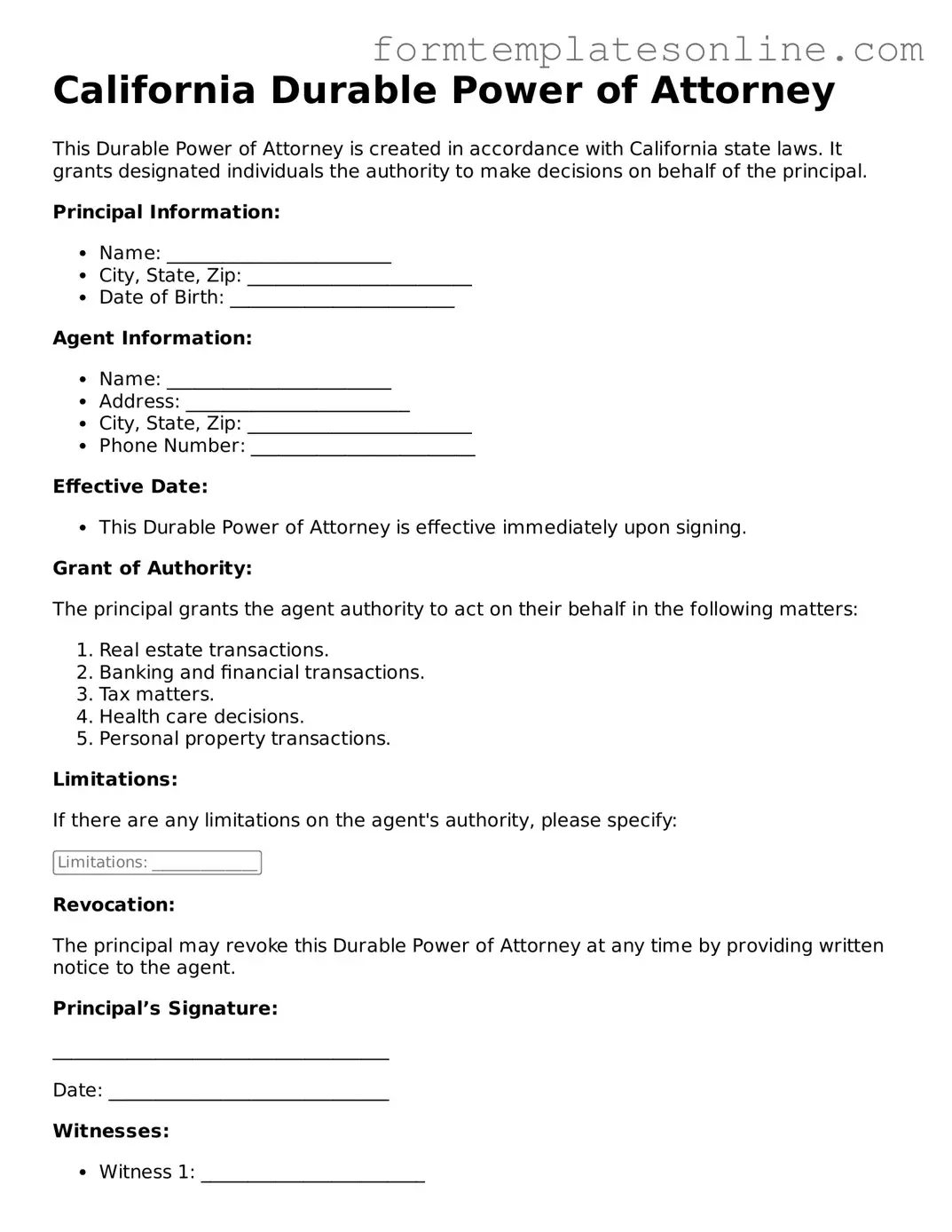 Valid  Durable Power of Attorney Form for California