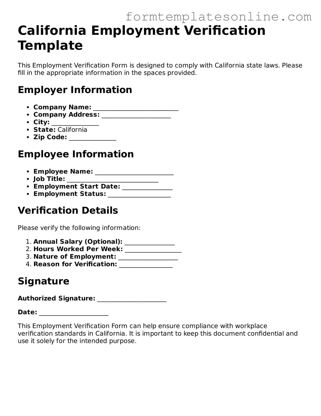 Valid  Employment Verification Form for California