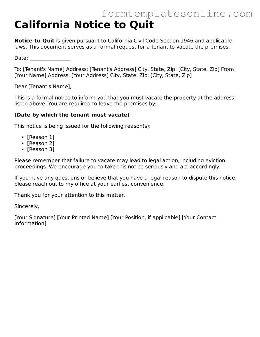 Valid  Notice to Quit Form for California