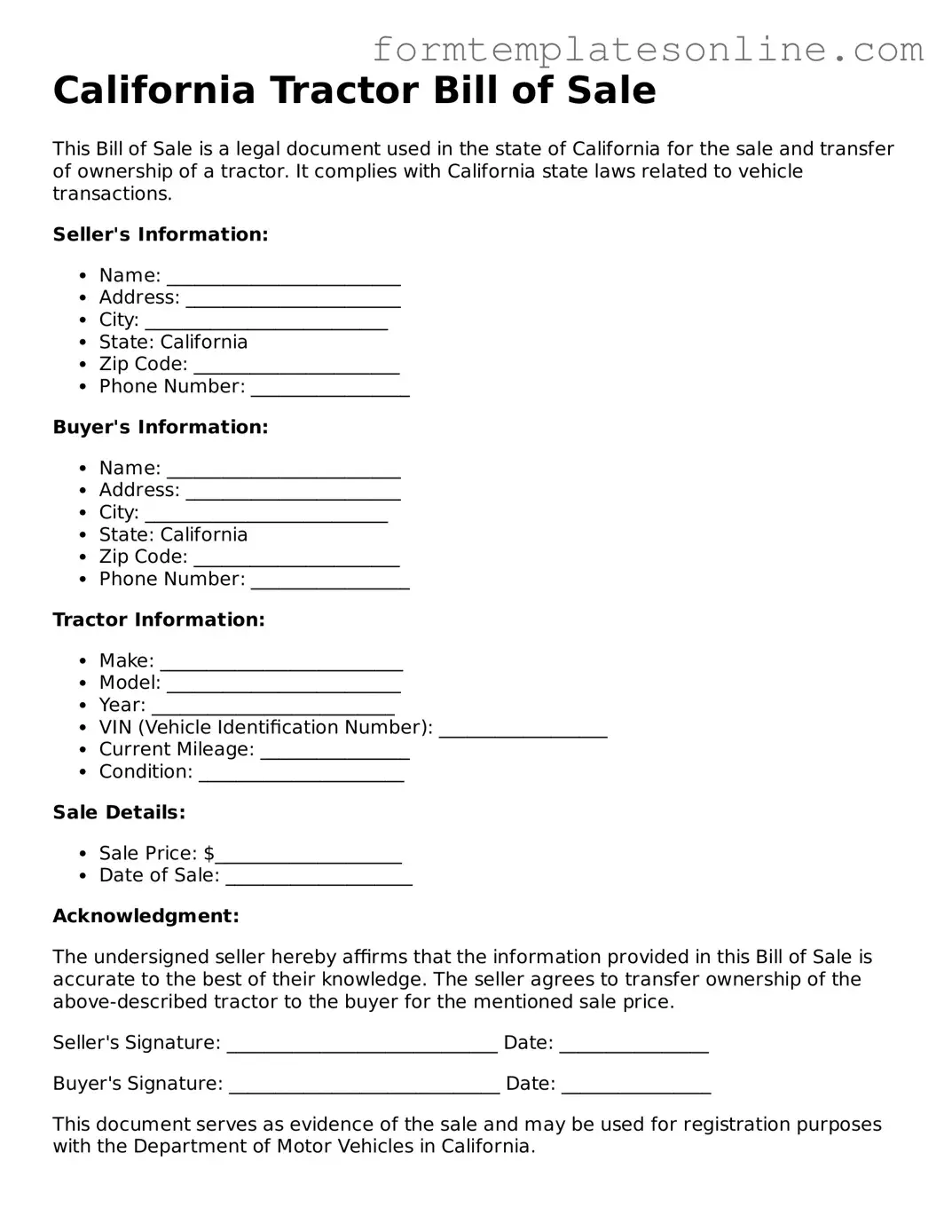 Valid  Tractor Bill of Sale Form for California