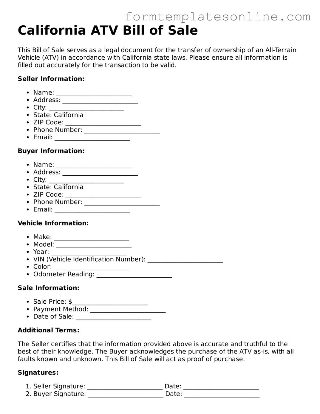 Valid  ATV Bill of Sale Form for California