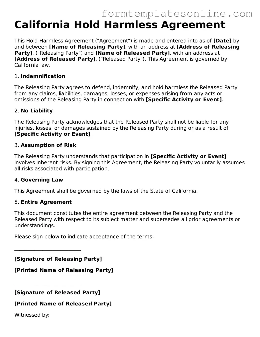 Valid  Hold Harmless Agreement Form for California