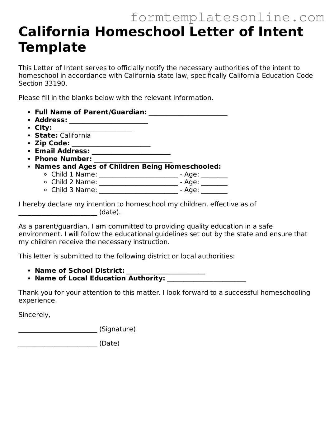 Valid  Homeschool Letter of Intent Form for California