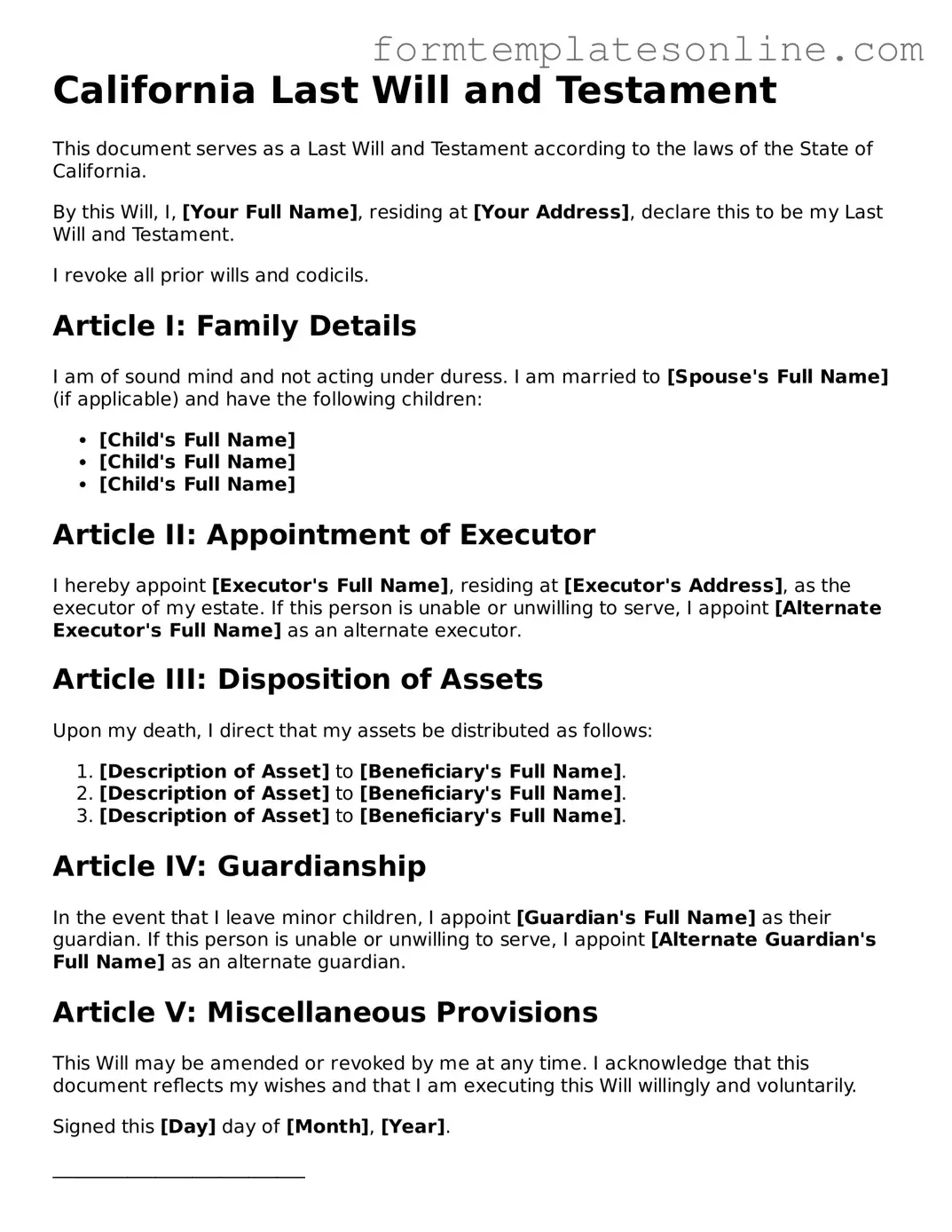 Valid  Last Will and Testament Form for California