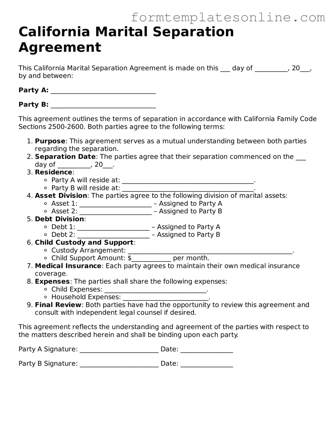 Valid  Marital Separation Agreement Form for California