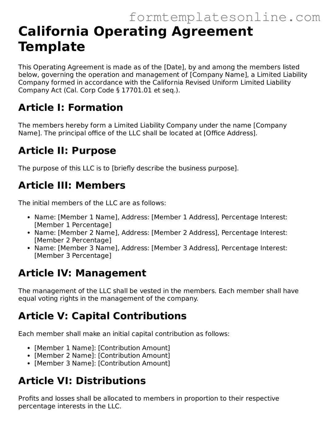 Valid  Operating Agreement Form for California
