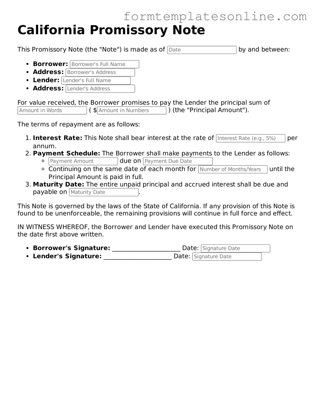 Valid  Promissory Note Form for California