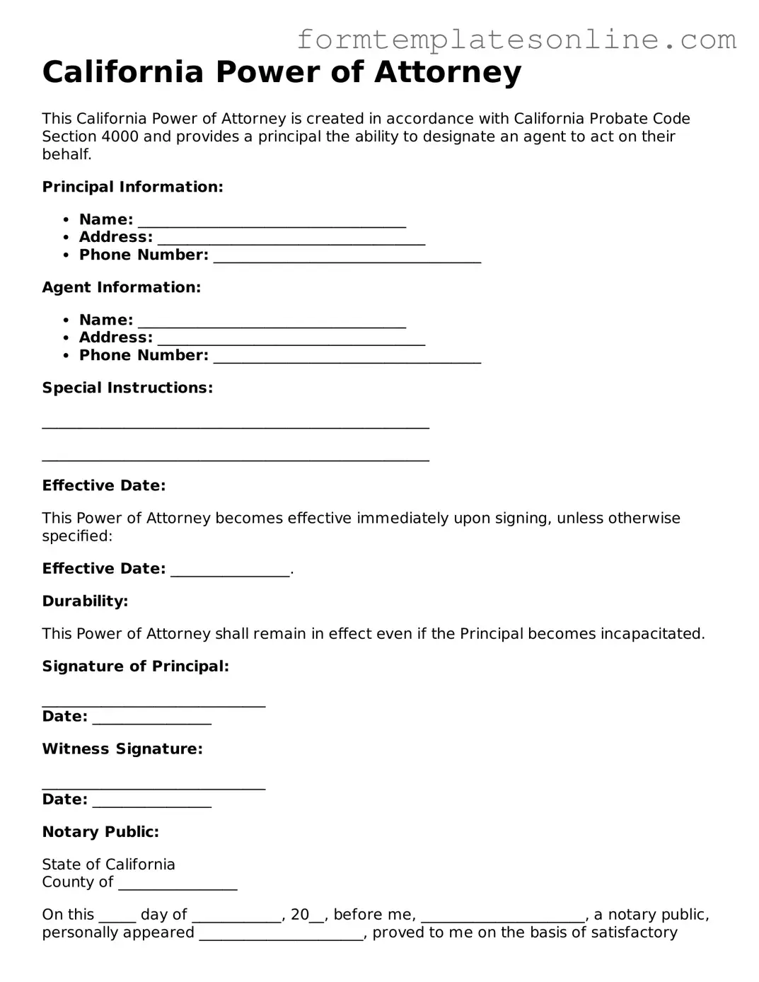 Valid  Power of Attorney Form for California