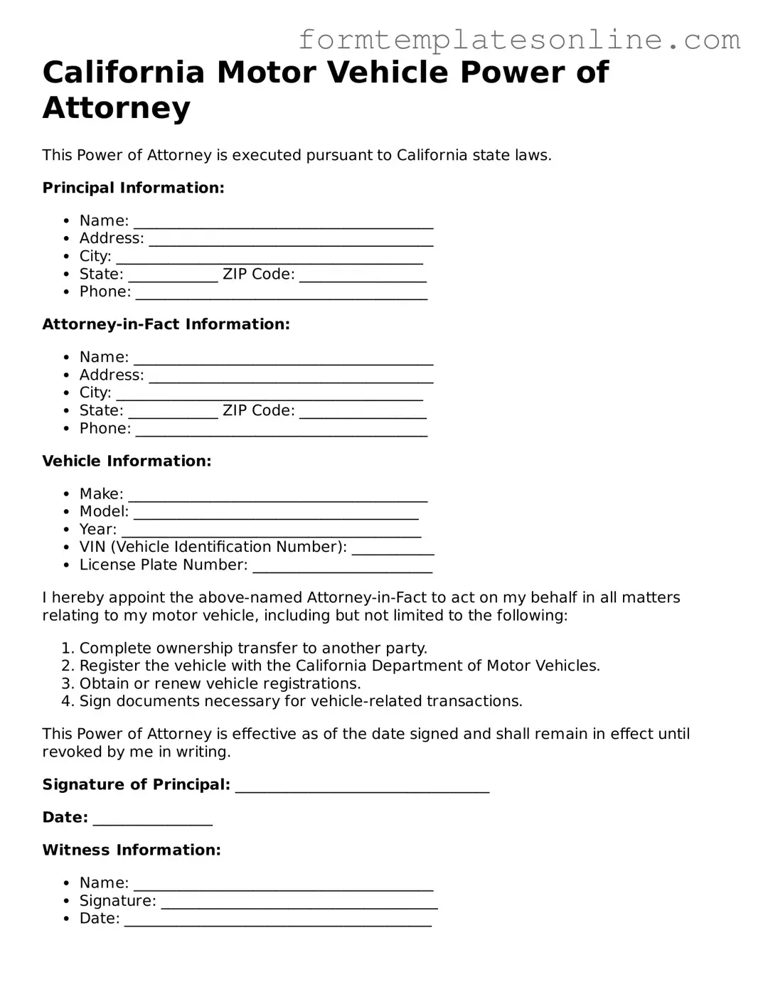 Valid  Motor Vehicle Power of Attorney Form for California
