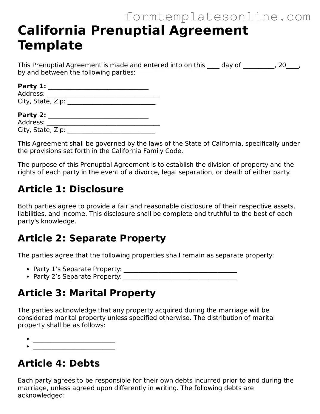 Valid  Prenuptial Agreement Form for California