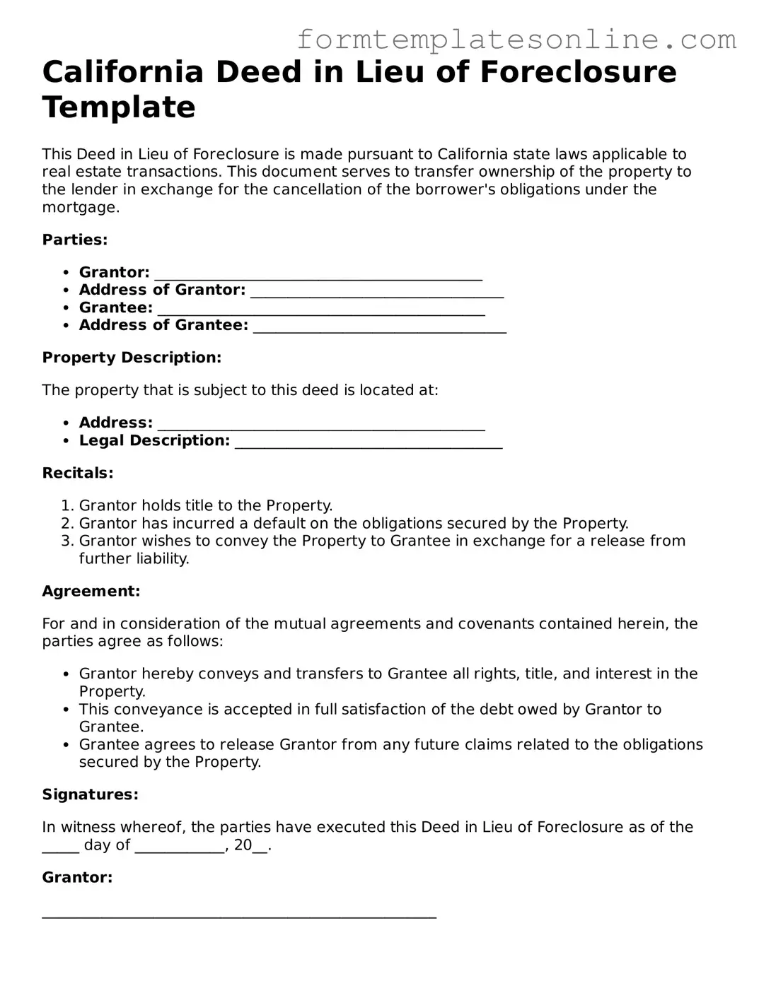 Valid  Deed in Lieu of Foreclosure Form for California