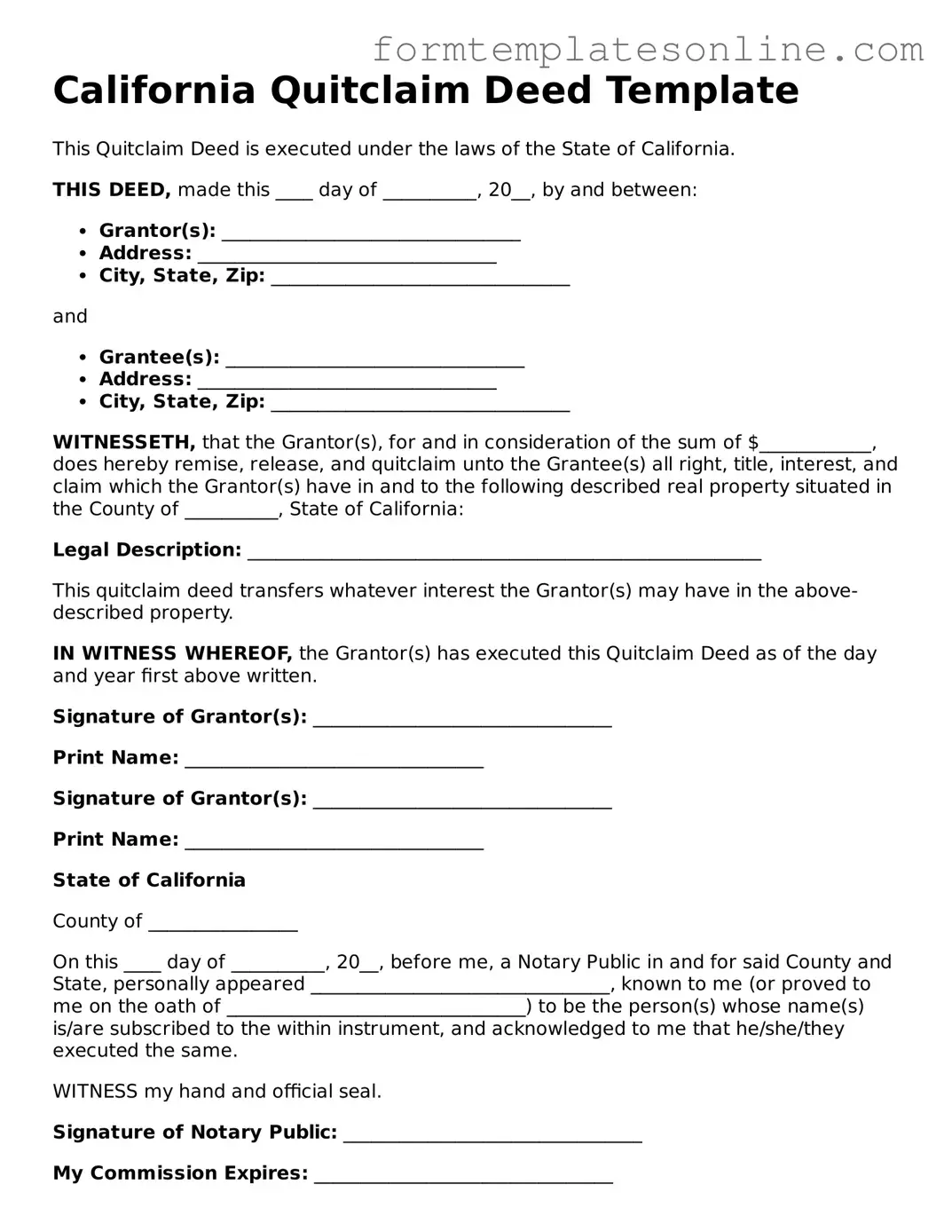 Valid  Quitclaim Deed Form for California