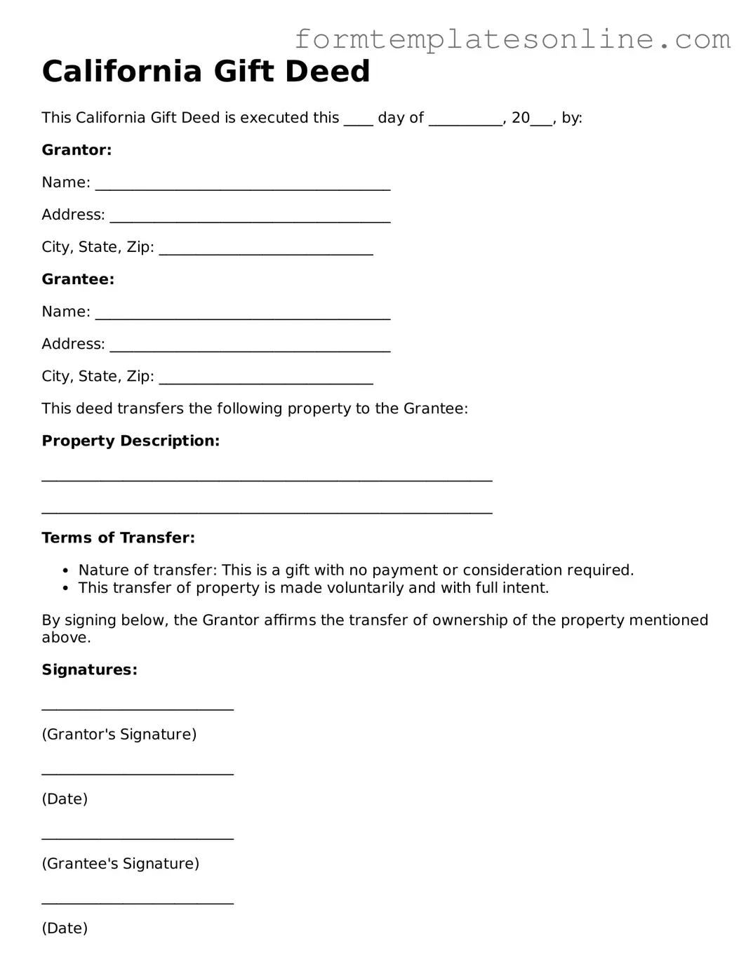 Valid  Gift Deed Form for California