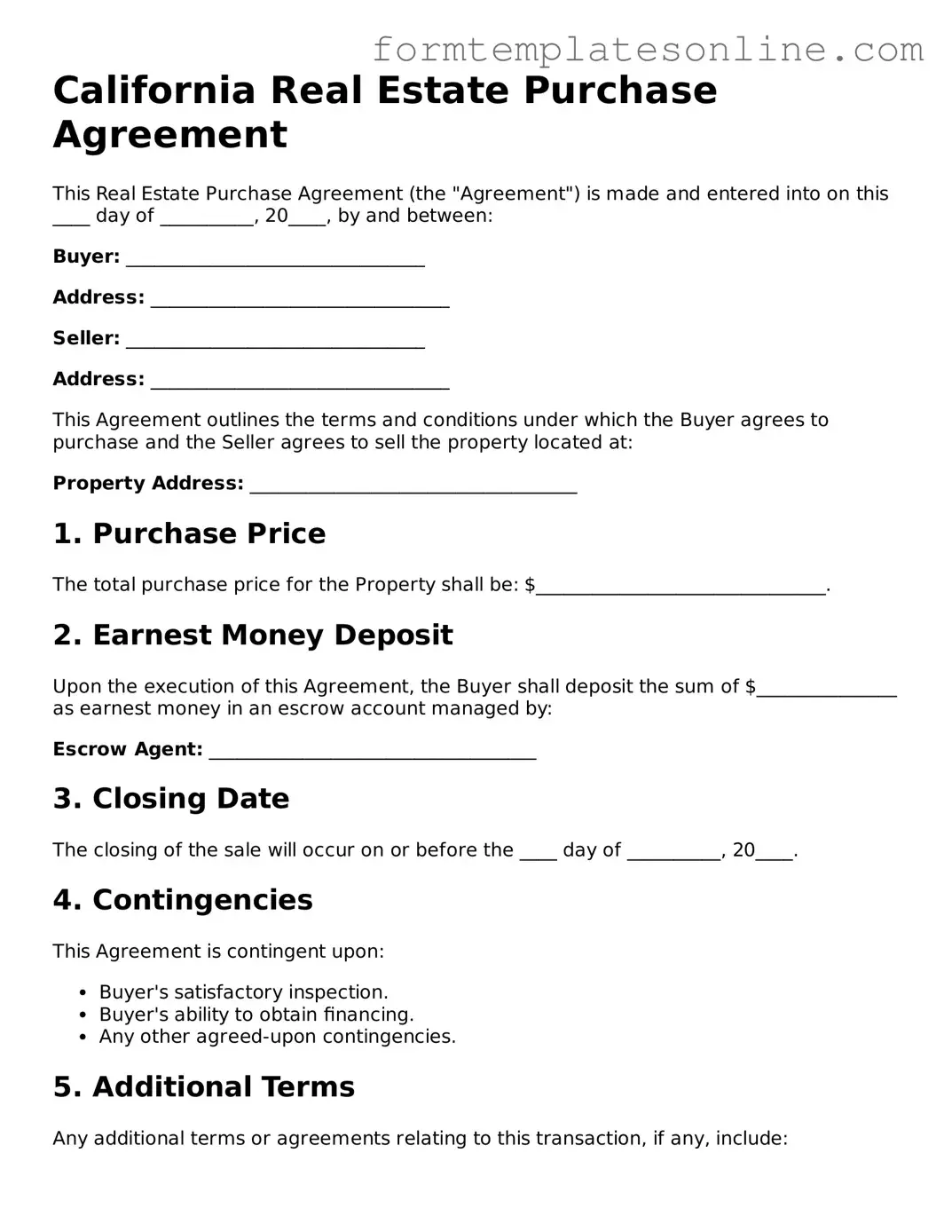 Valid  Real Estate Purchase Agreement Form for California