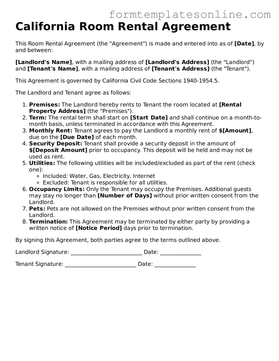 Valid  Room Rental Agreement Form for California