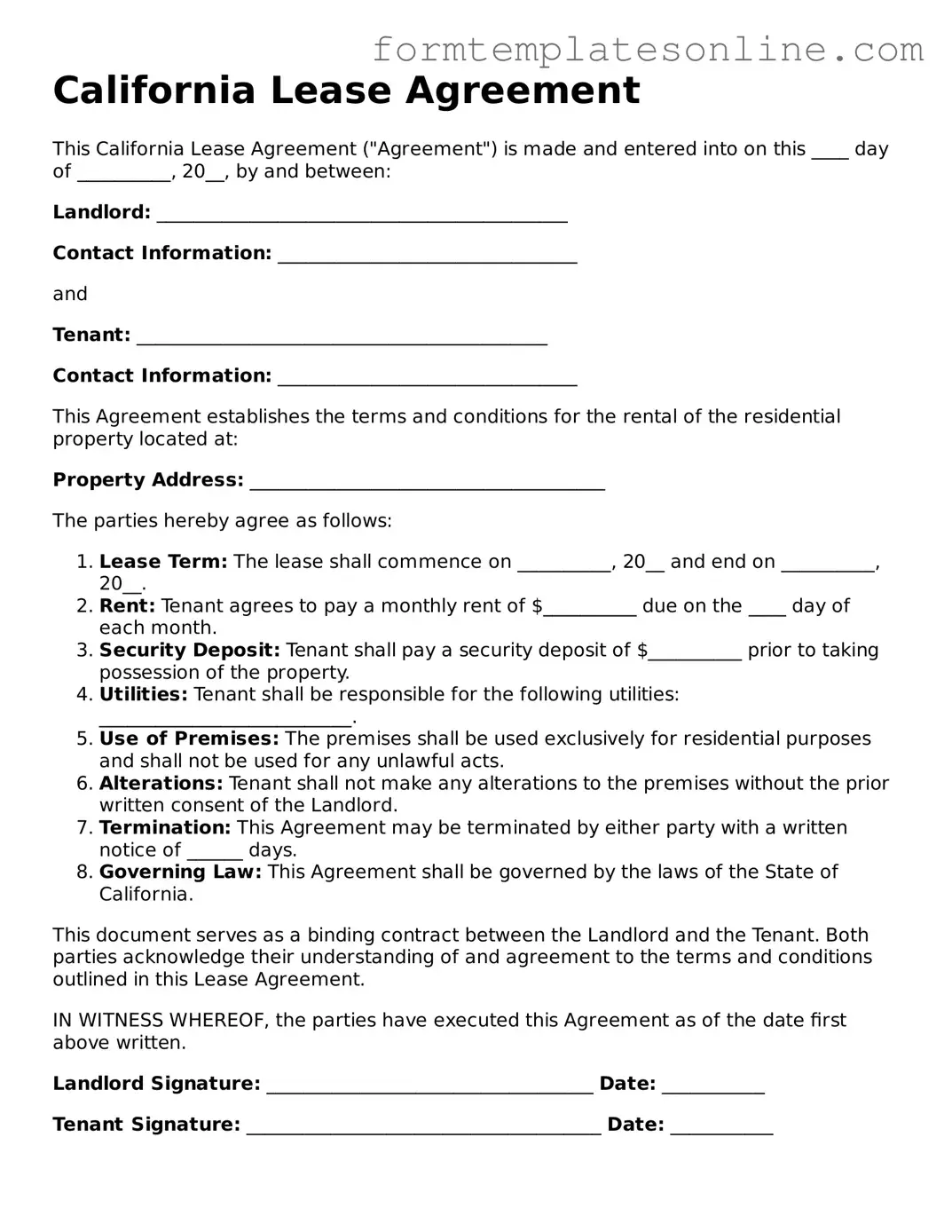 Valid  Lease Agreement Form for California