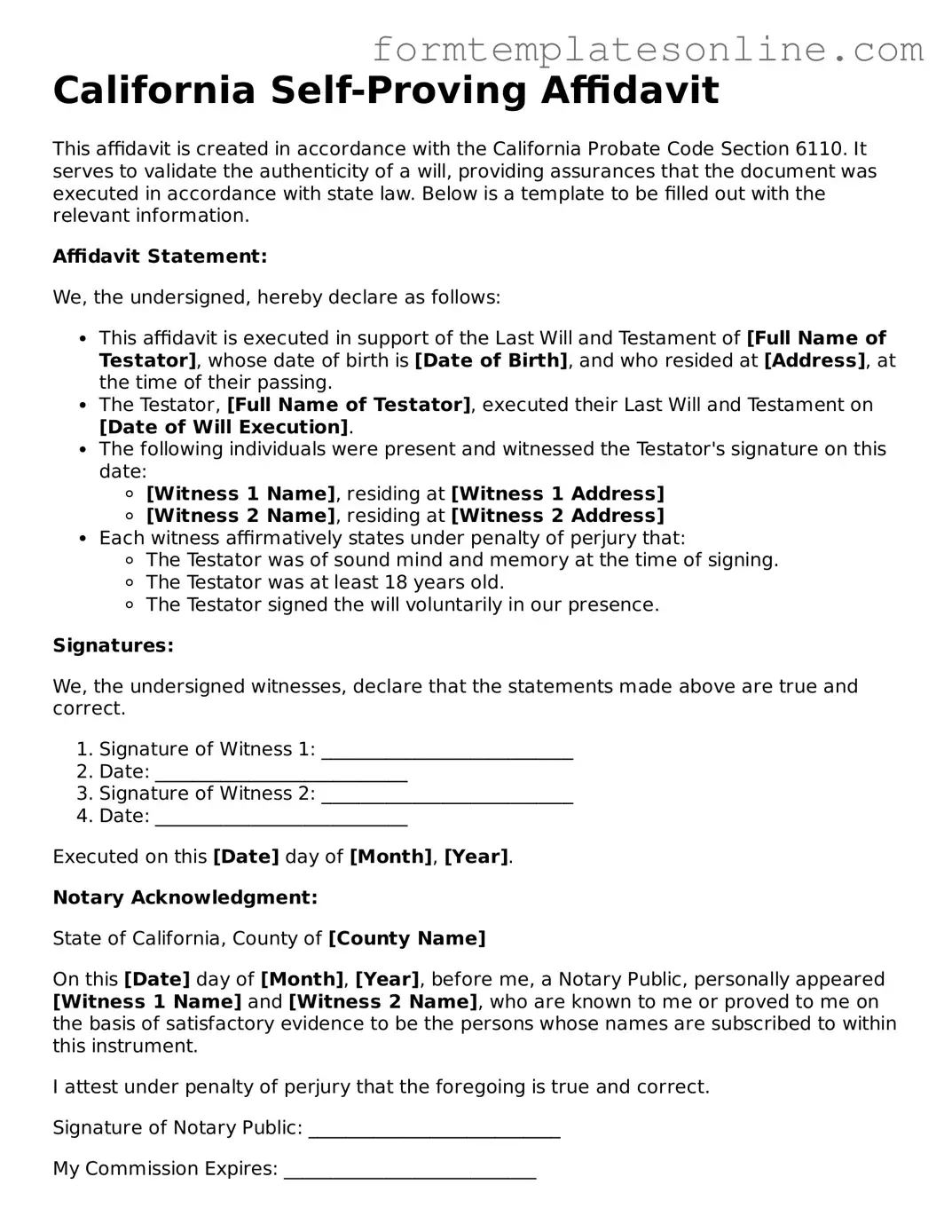 Valid  Self-Proving Affidavit Form for California