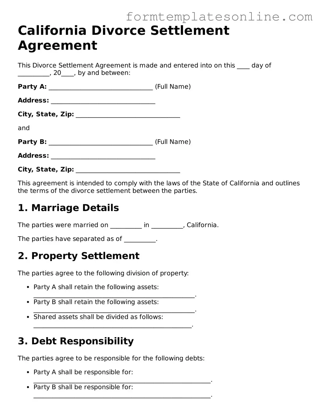 Valid  Divorce Settlement Agreement Form for California