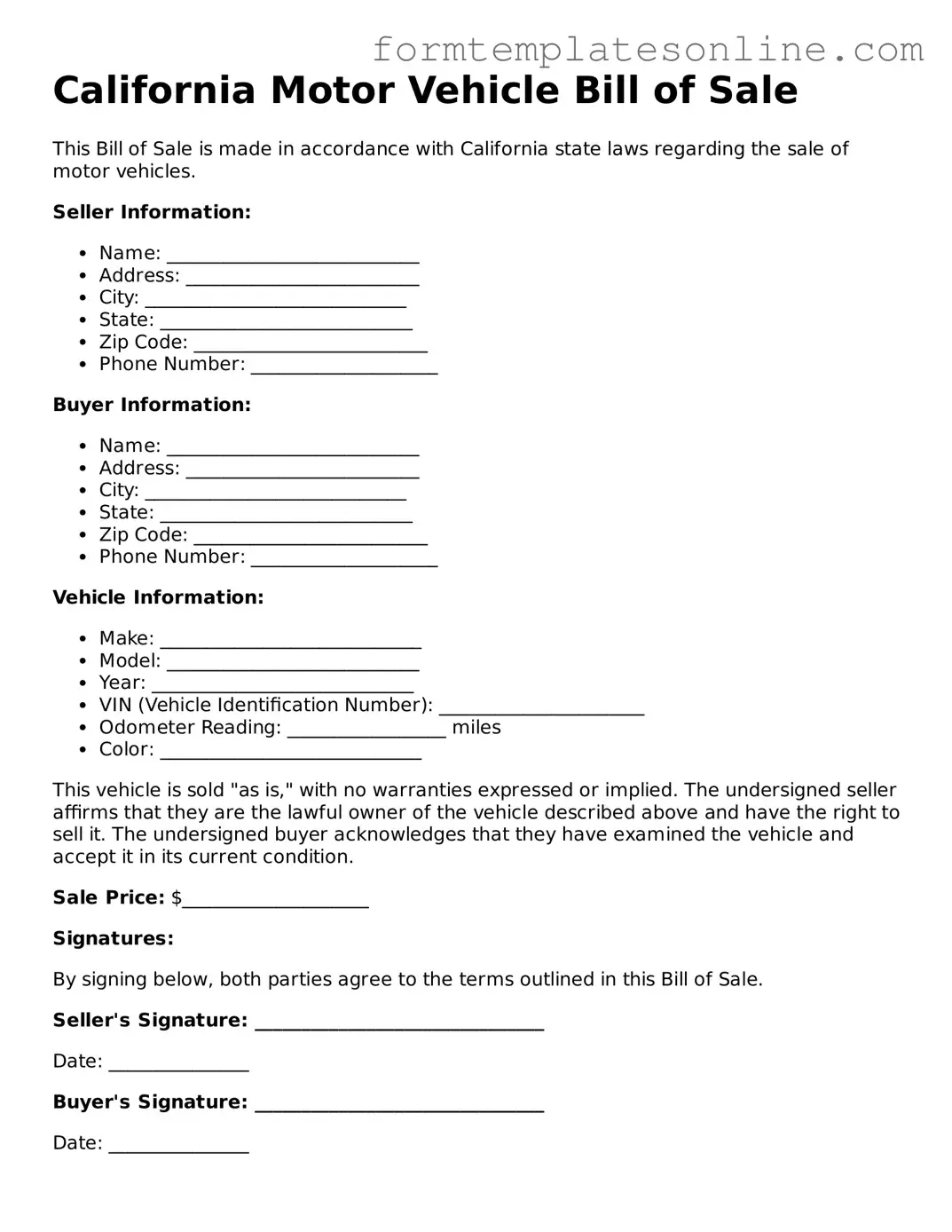 Valid  Motor Vehicle Bill of Sale Form for California