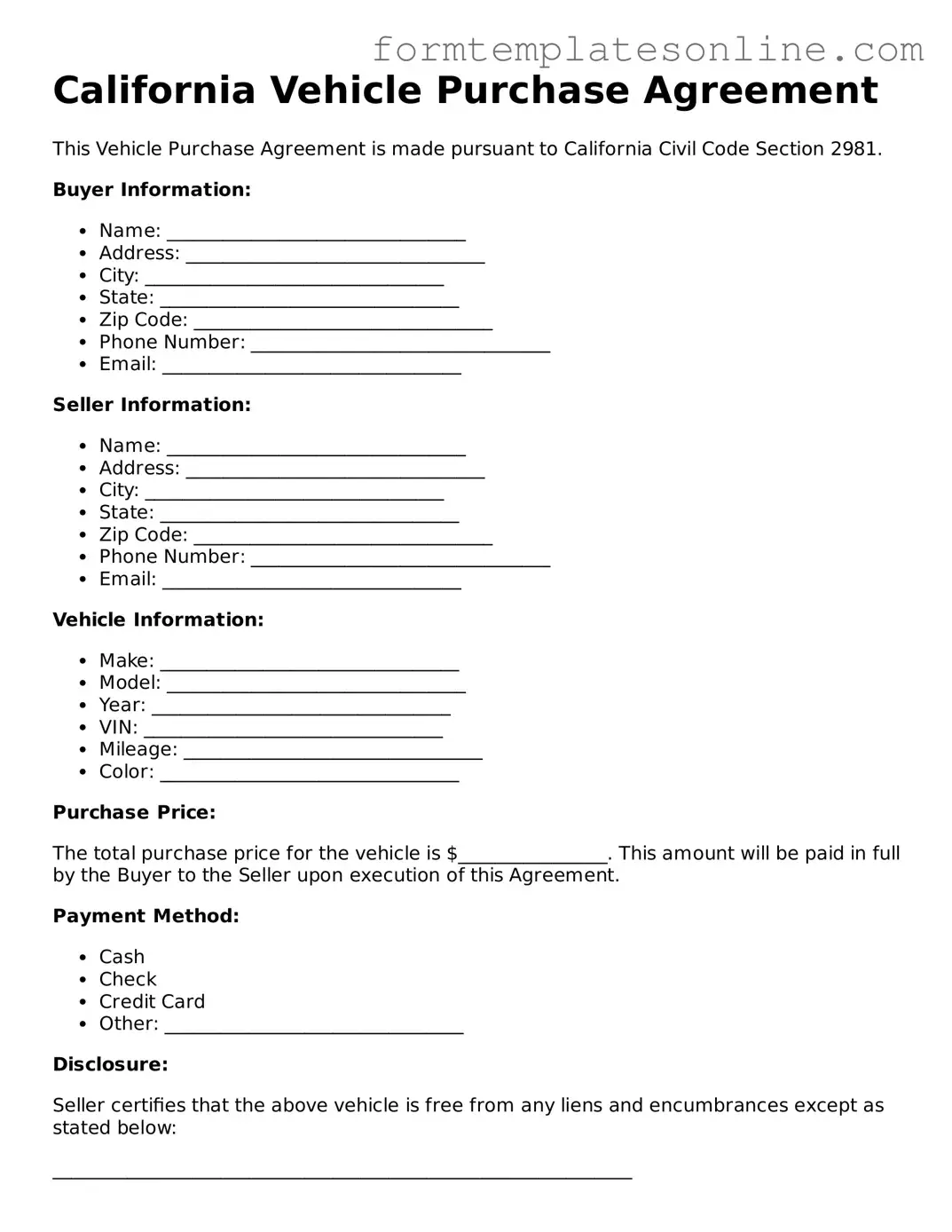 Valid  Vehicle Purchase Agreement Form for California