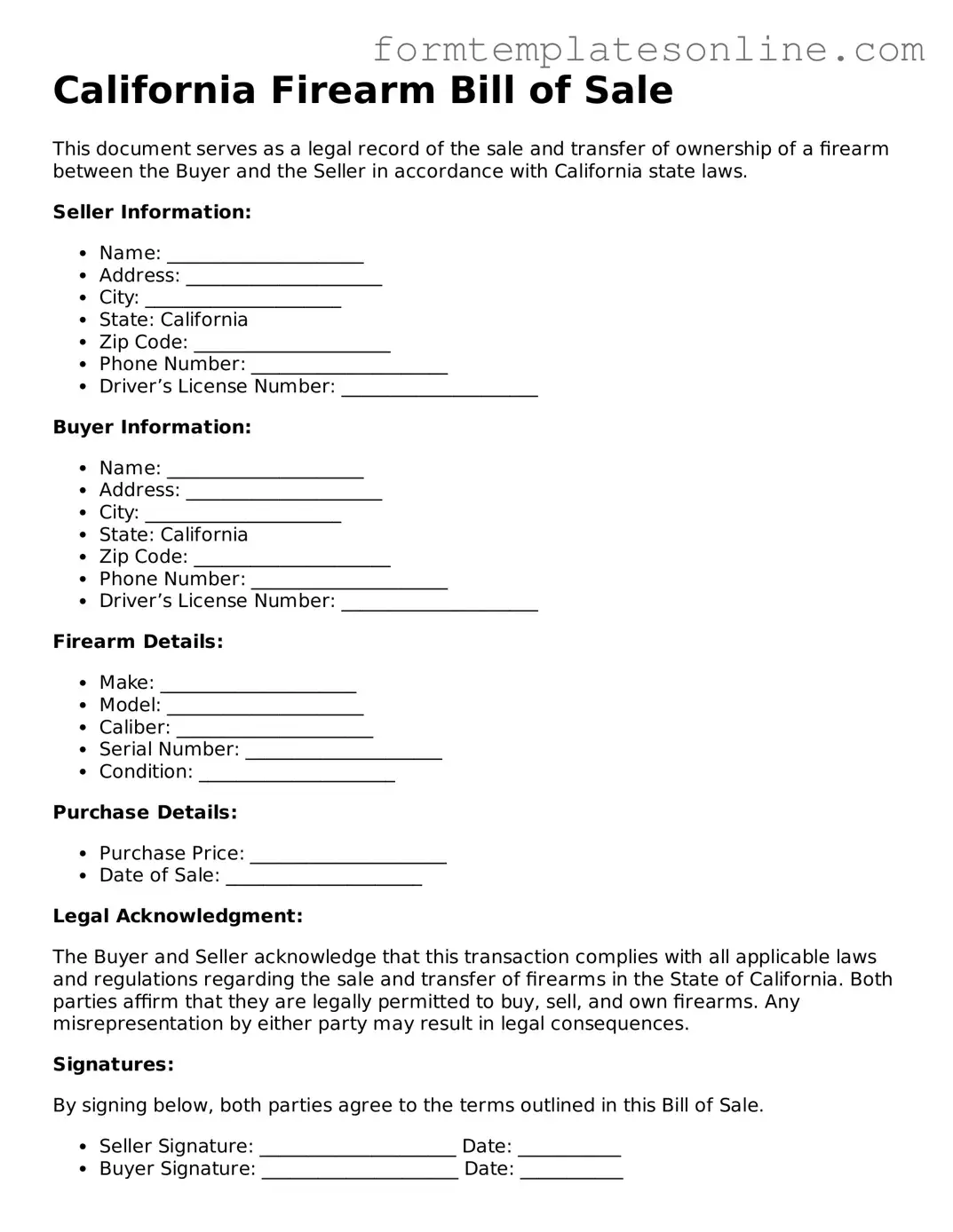 Valid  Firearm Bill of Sale Form for California