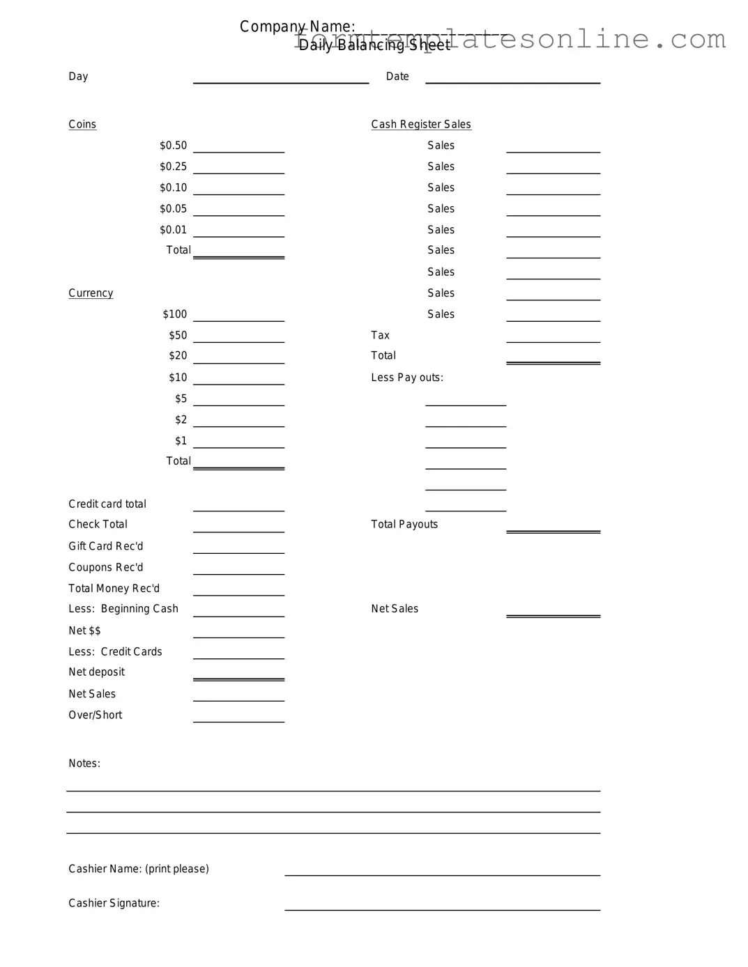 Cash Drawer Count Sheet PDF Form