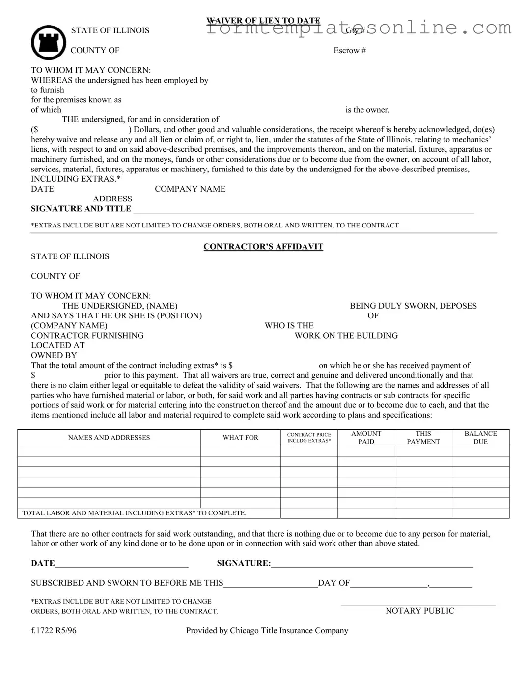 Chicago Title Waiver Format PDF Form