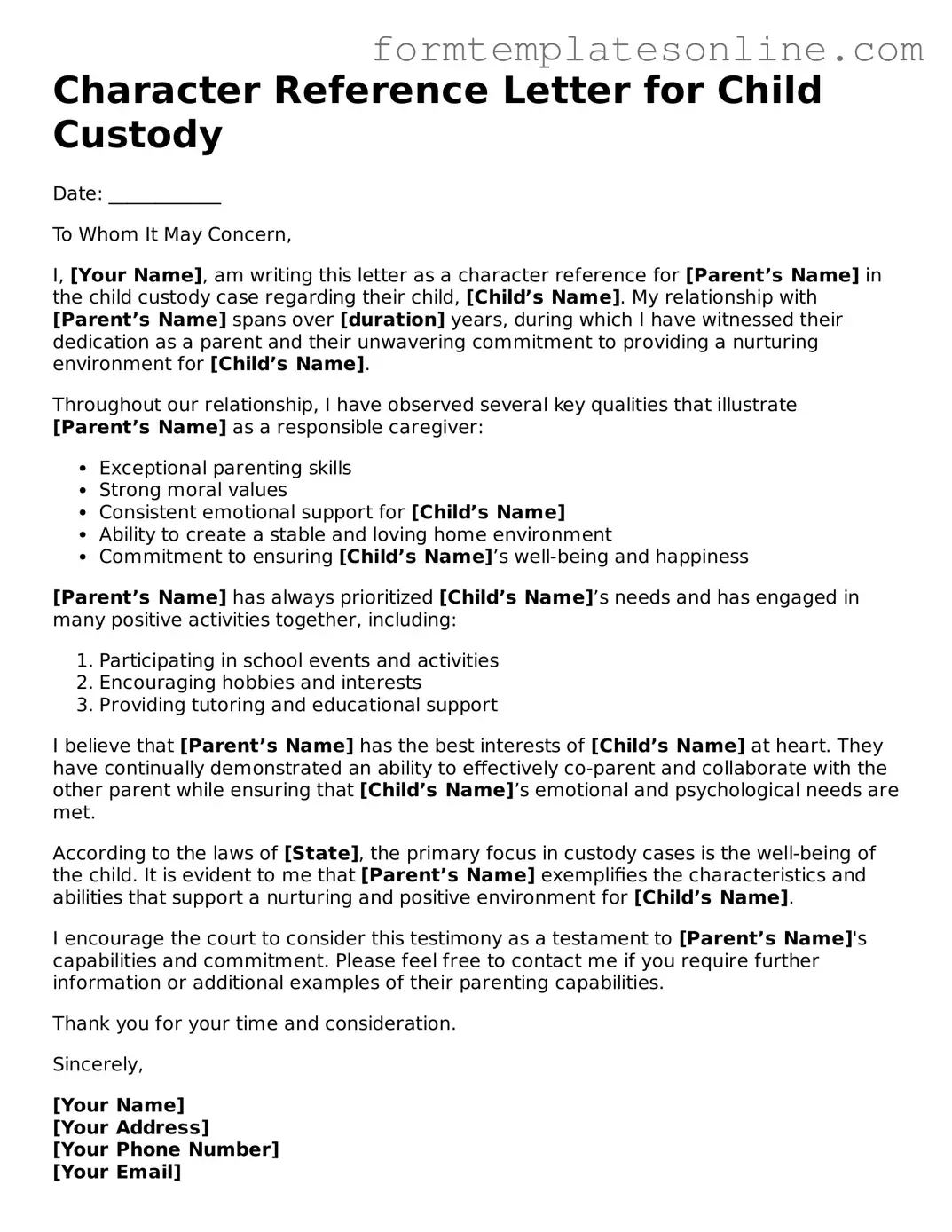 Attorney-Approved Character Reference Letter for Child Custody Template