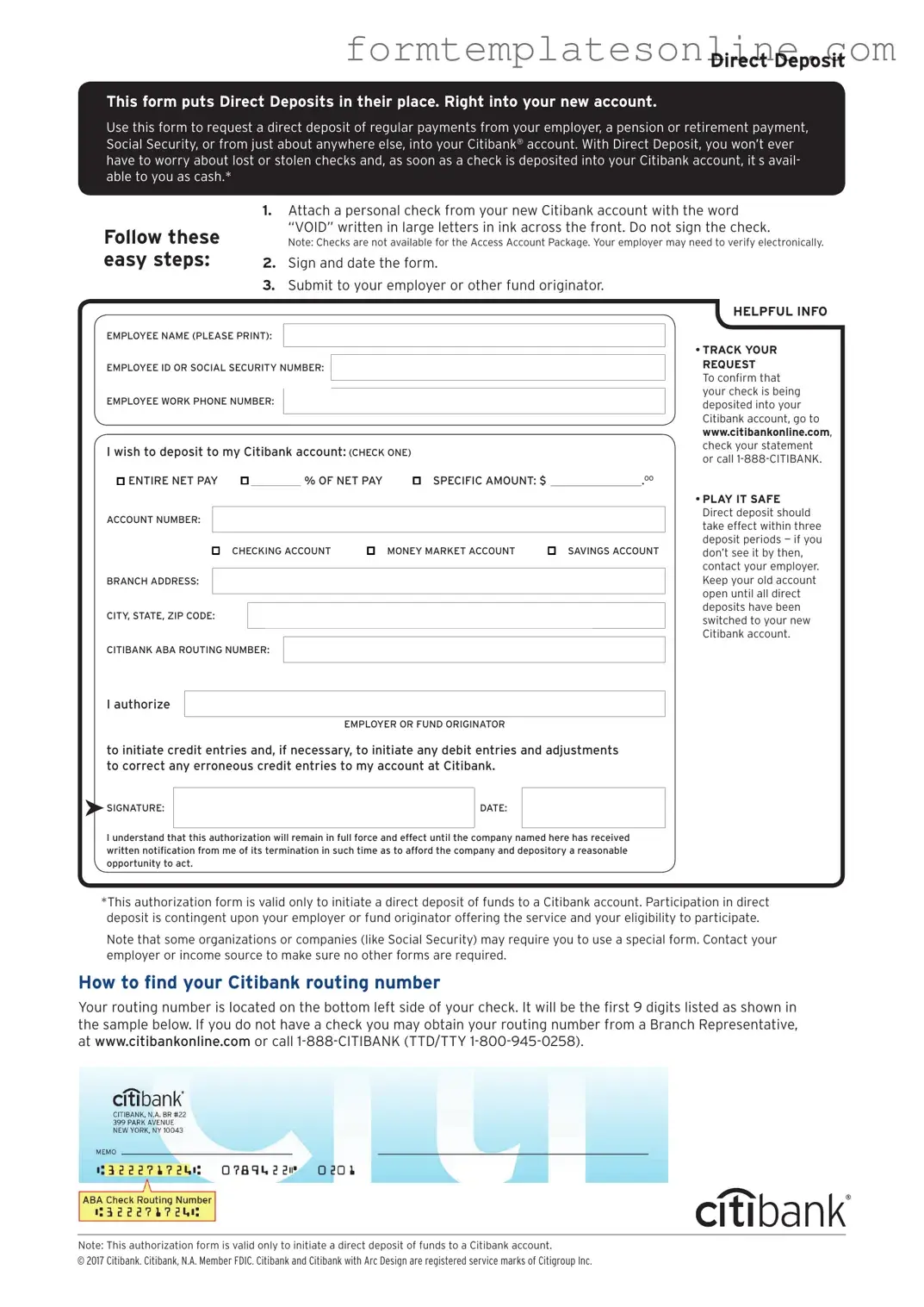 Citibank Direct Deposit PDF Form