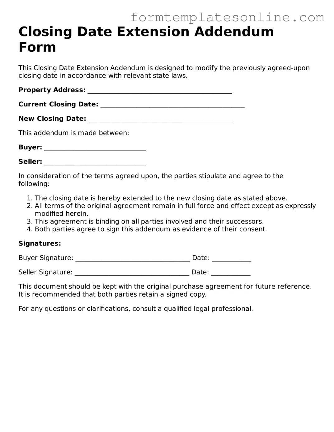 Attorney-Approved Closing Date Extension Addendum Form Template